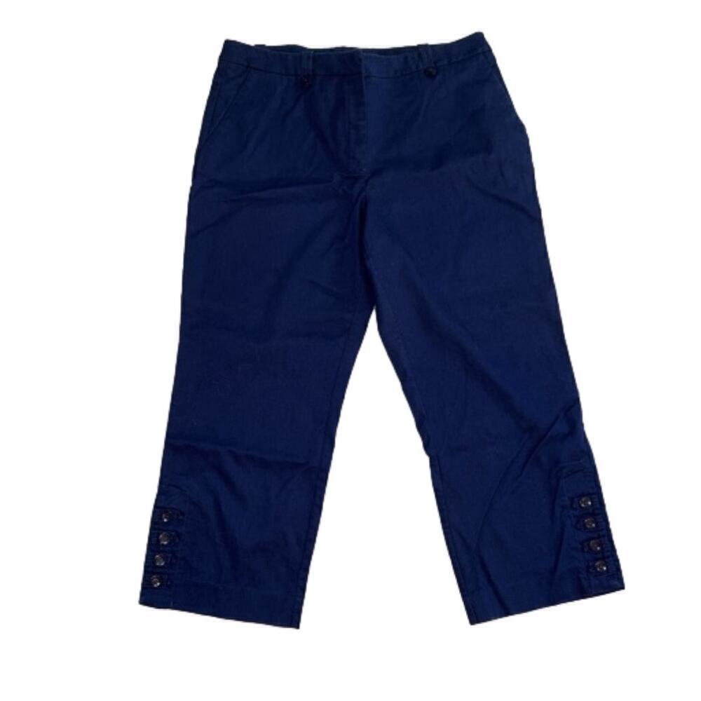 Anne Klein Sport Navy Blue Cropped Cotton Textured Pants 4-Button Cuffs Size 14